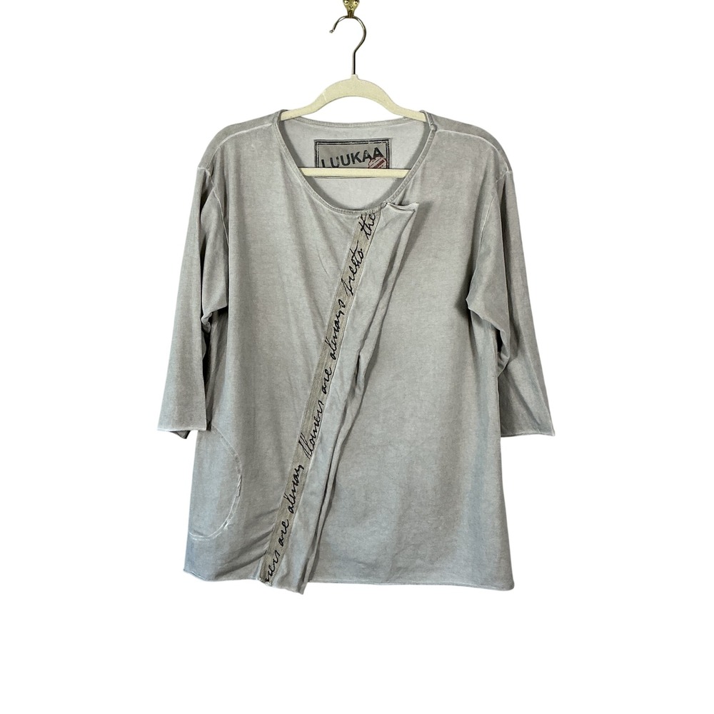 LUUKAA Grey Asymmetric Script Embroidered 3/4 Sleeve Pocket Top Lagenlook 12
